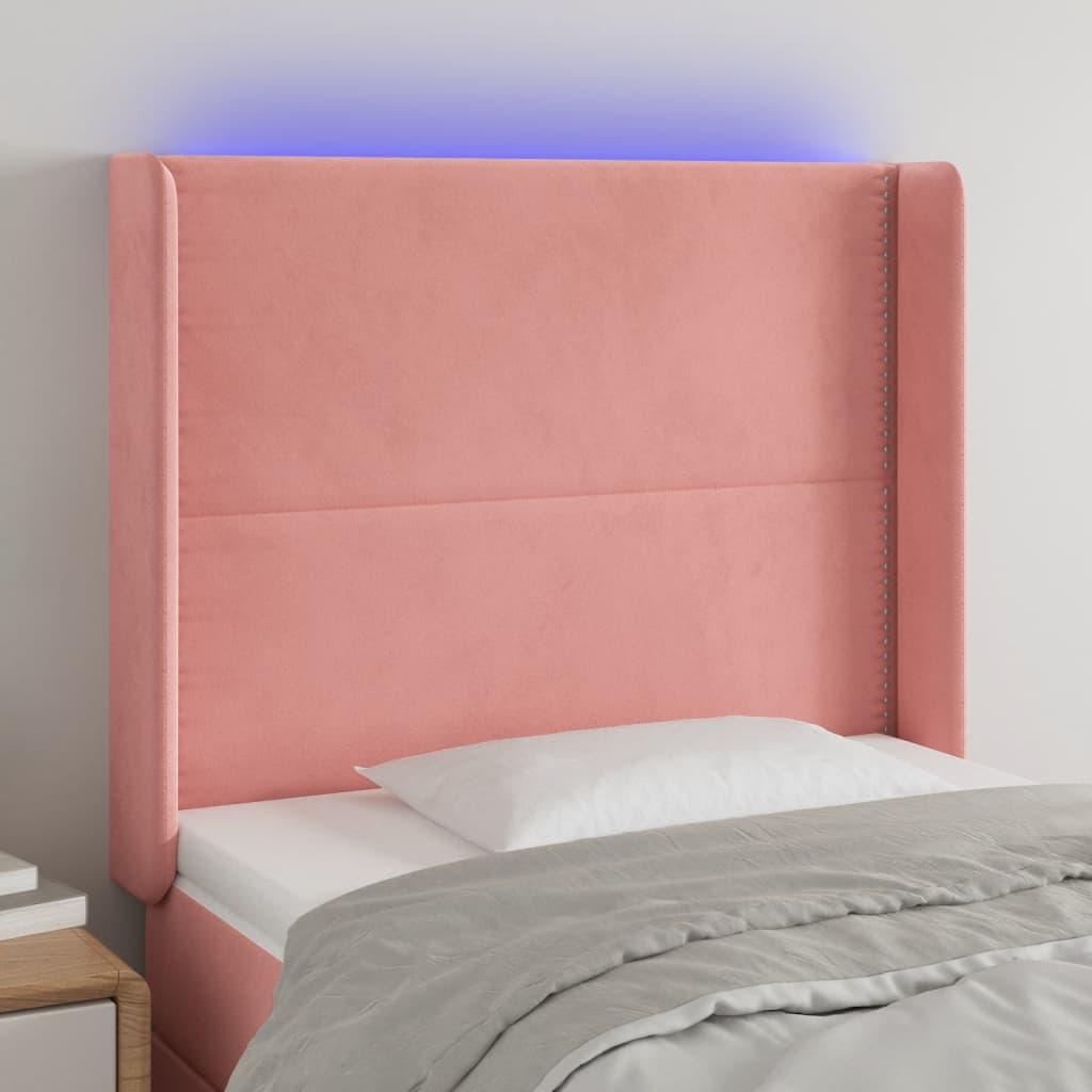 Sengegavl med LED-lys 93x16x118/128 cm fløjl lyserød billede