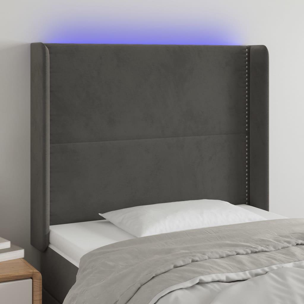 Sengegavl med LED-lys 103x16x118/128 cm fløjl mørkegrå billede