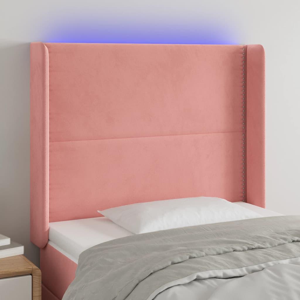 Sengegavl med LED-lys 103x16x118/128 cm fløjl lyserød billede