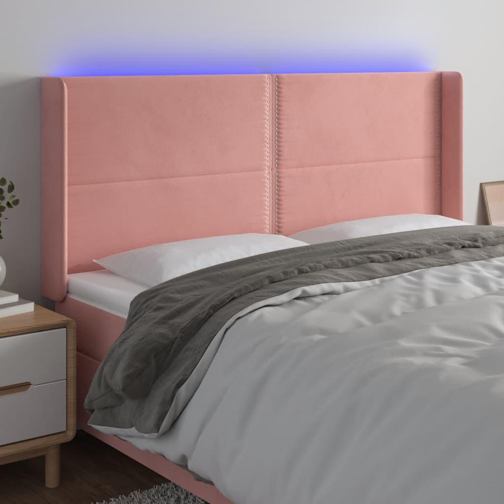 Sengegavl med LED-lys 163x16x118/128 cm - fløjl, lyserød billede