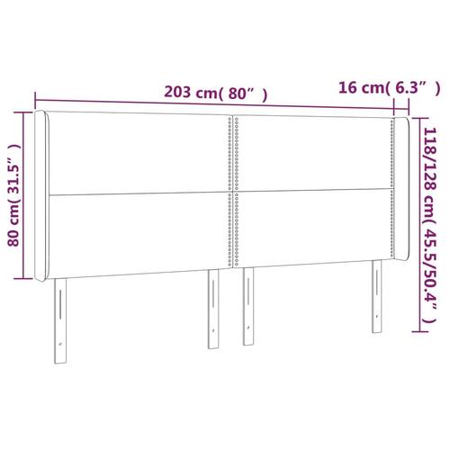 Sengegavl med LED-lys 203x16x118/128 cm fløjl lysegrå