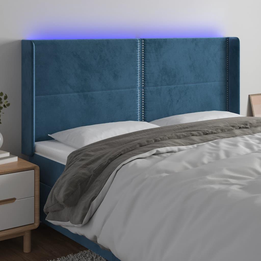 Sengegavl med LED-lys 203 × 16 × 118/128 cm - fløjl, mørkeblå billede