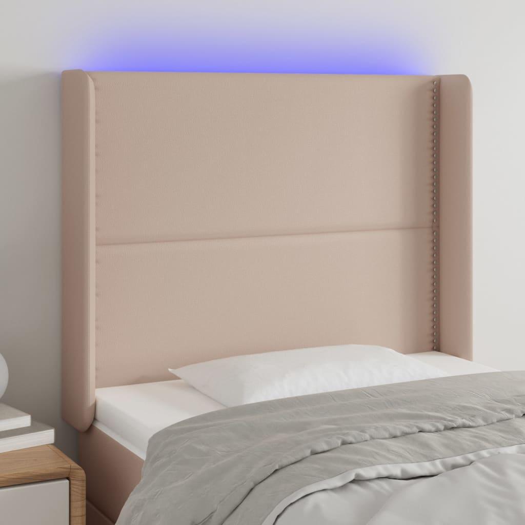 Sengegavl med LED-lys 83x16x118/128 cm kunstlæder cappuccino