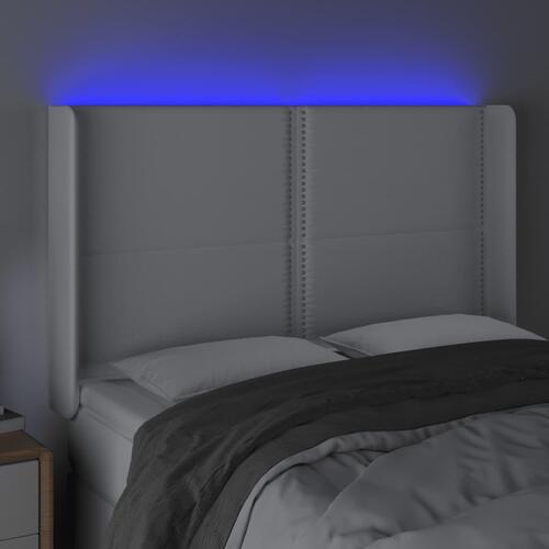 Sengegavl med LED-lys 147x16x118/128 cm kunstlæder hvid