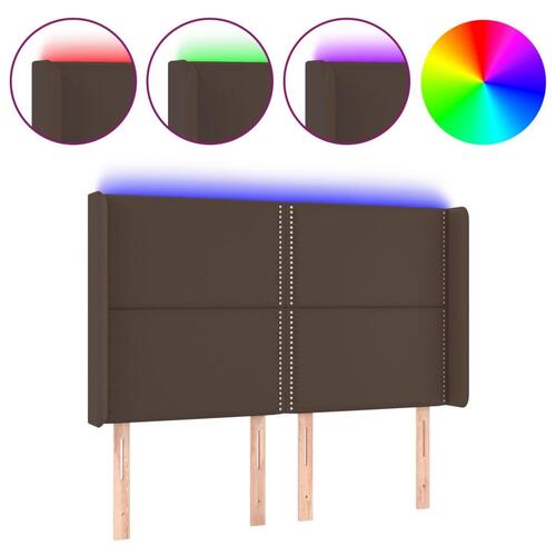 Sengegavl med LED-lys 147x16x118/128 cm kunstlæder brun