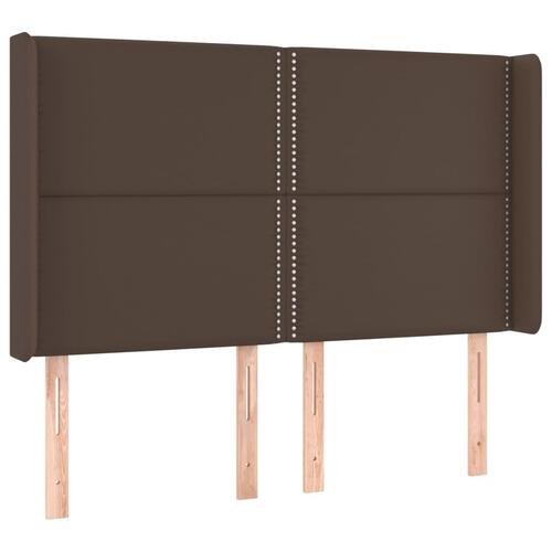 Sengegavl med LED-lys 147x16x118/128 cm kunstlæder brun