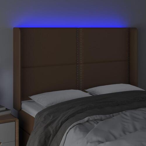 Sengegavl med LED-lys 147x16x118/128 cm kunstlæder brun