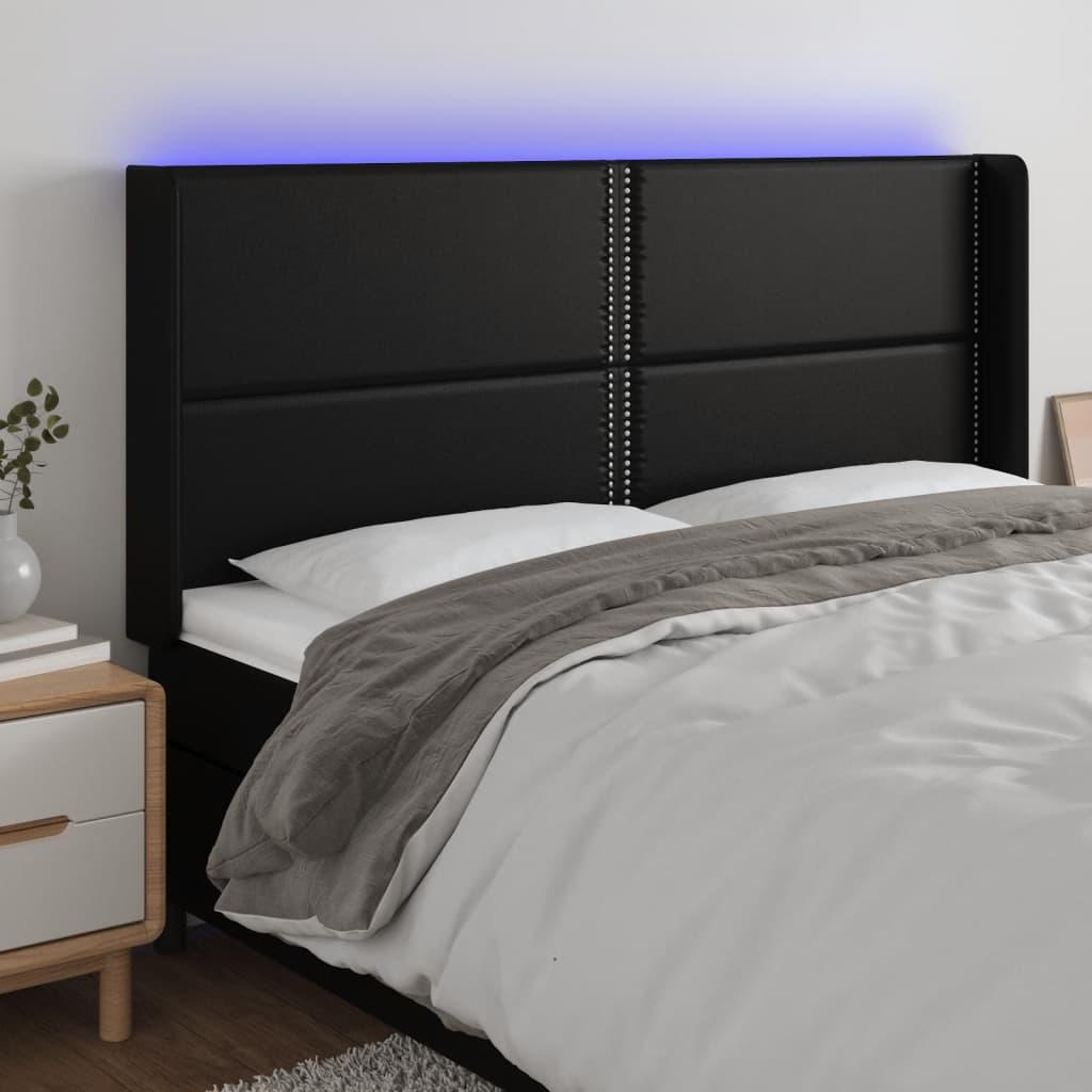 Sengegavl med LED-lys 163x16x118/128 cm kunstlæder sort