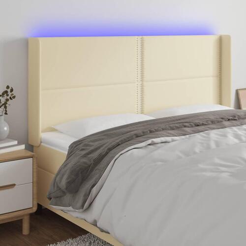 Sengegavl med LED-lys 163x16x118/128 cm kunstlæder cremefarvet