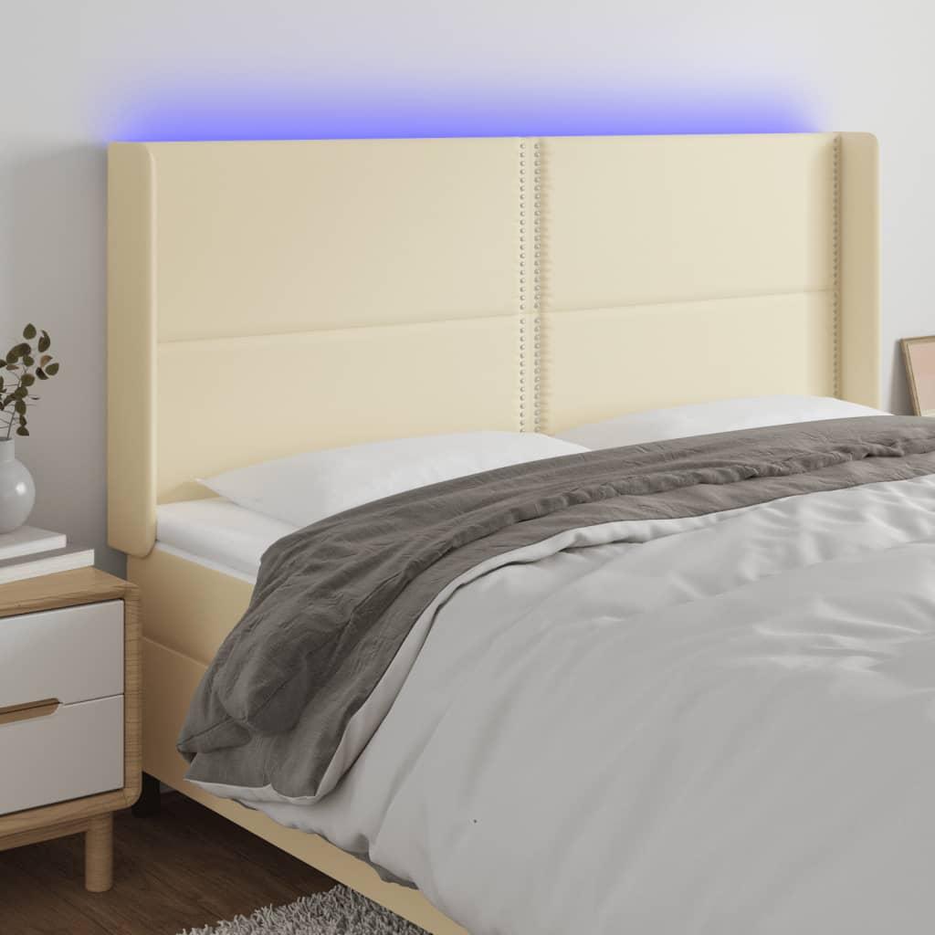 Sengegavl med LED-lys 163x16x118/128 cm kunstlæder cremefarvet