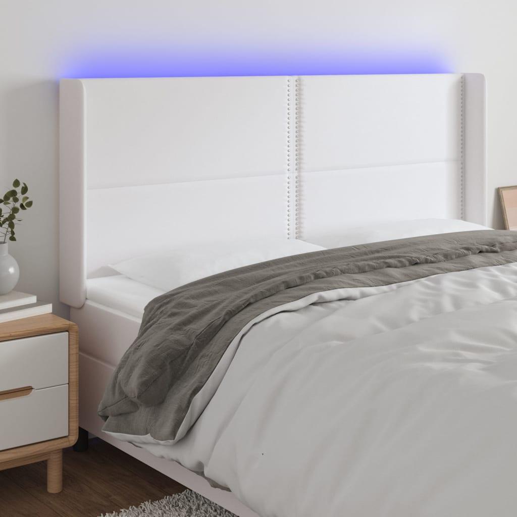 Sengegavl med LED-lys 203x16x118/128 cm kunstlæder hvid