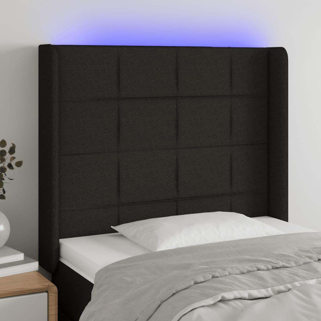 Sengegavl med LED-lys 93x16x118/128 cm stof sort billede