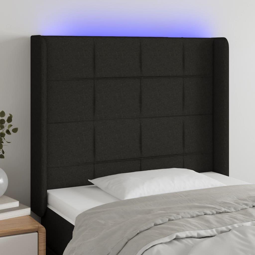 Sengegavl med LED-lys 103x16x118/128 cm stof sort billede