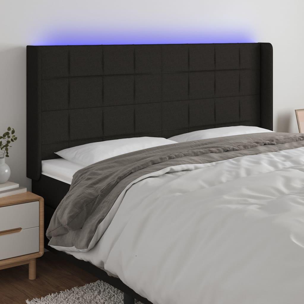 Sengegavl med LED-lys 183×16×118/128 cm i sort stof billede