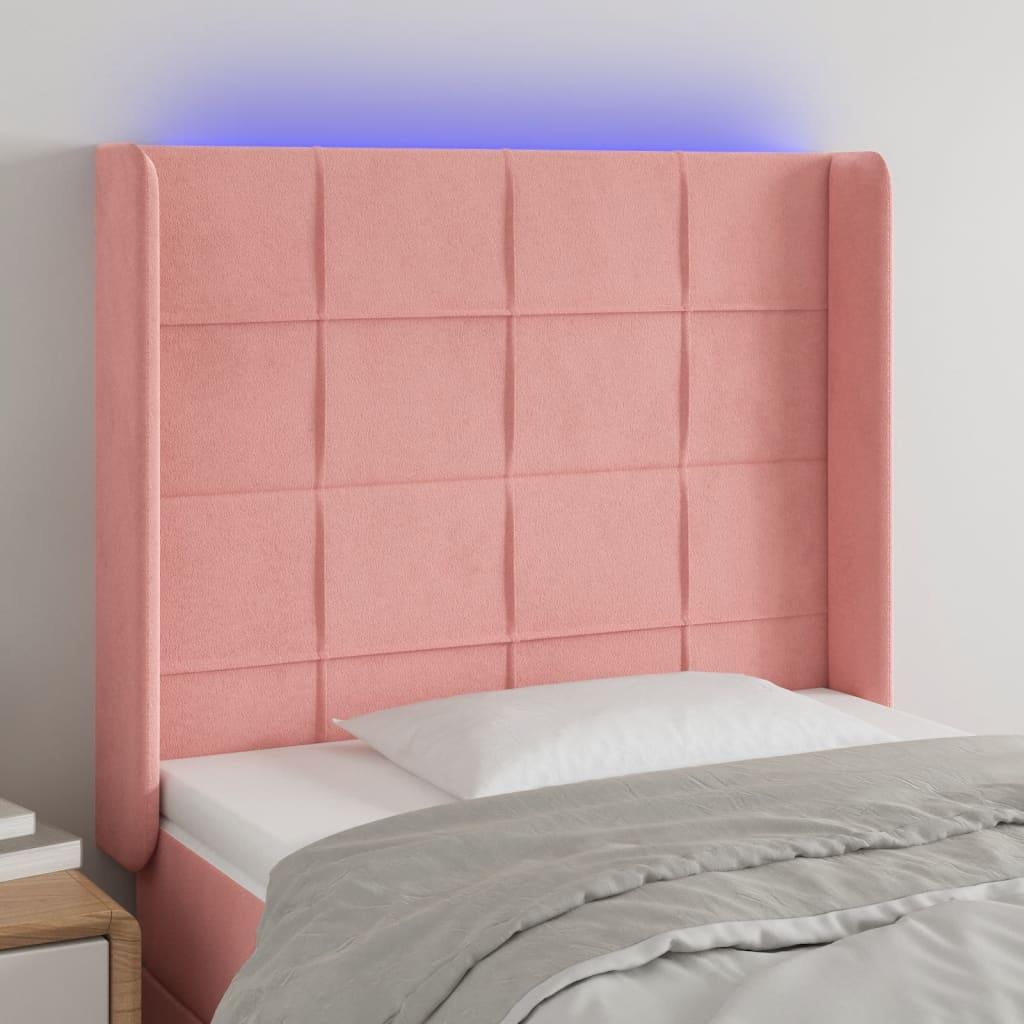 Sengegavl med LED-lys 93x16x118/128 cm fløjl lyserød billede