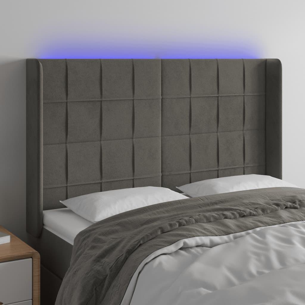 Sengegavl i fløjl med LED-lys 147x16x118/128 cm - mørkegrå billede
