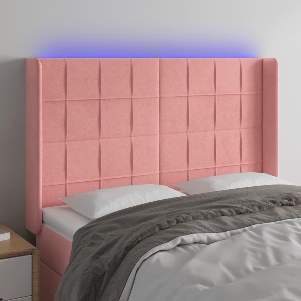 Sengegavl med LED-lys 147x16x118/128 cm fløjl lyserød billede