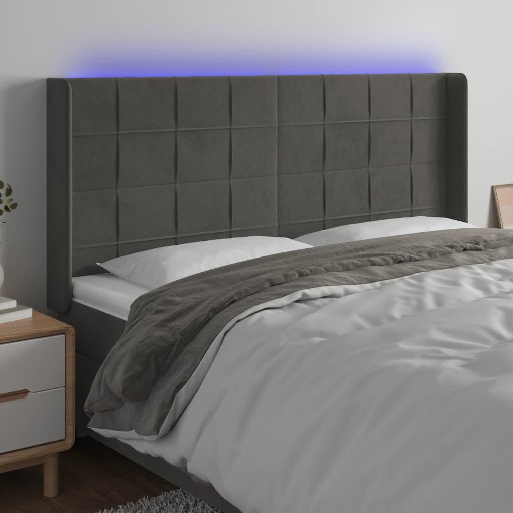 Sengegavl med LED-lys 163x16x118/128 cm - fløjl, mørkegrå billede