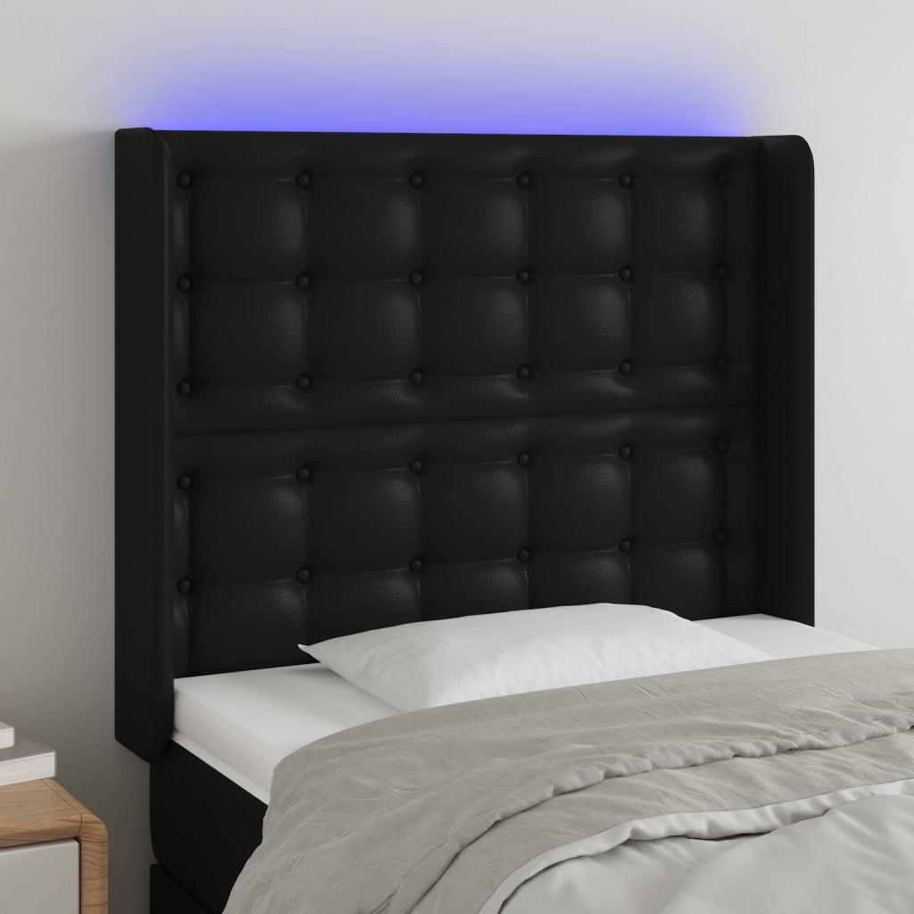 Sengegavl med LED-lys 83×16×118/128 cm i kunstlæder - sort billede