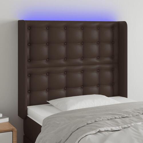 Sengegavl med LED-lys 83x16x118/128 cm kunstlæder brun