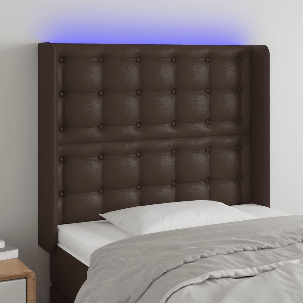 Sengegavl med LED-lys 83x16x118/128 cm kunstlæder brun