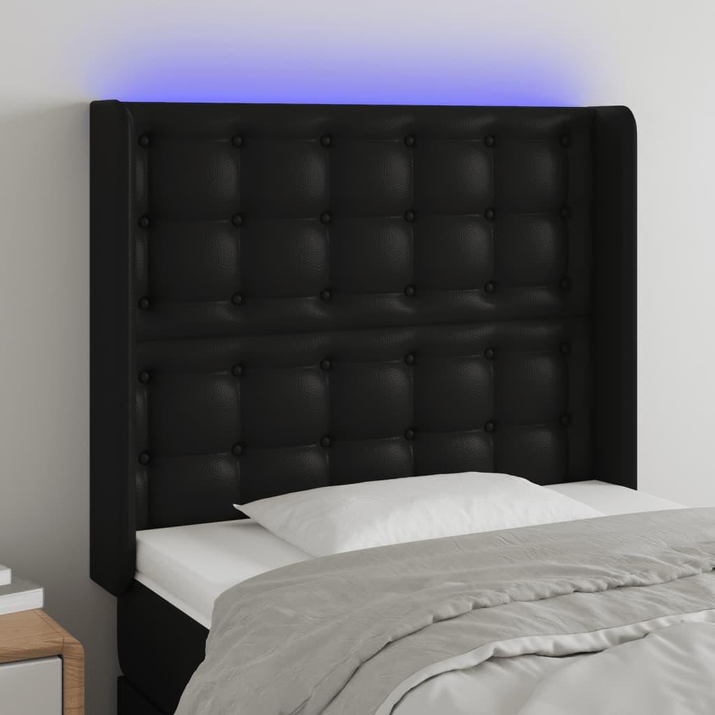 Sengegavl med LED-lys 93×16×118/128 cm - kunstlæder, sort billede