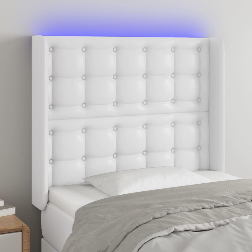 Sengegavl med LED-lys 93x16x118/128 cm kunstlæder hvid billede