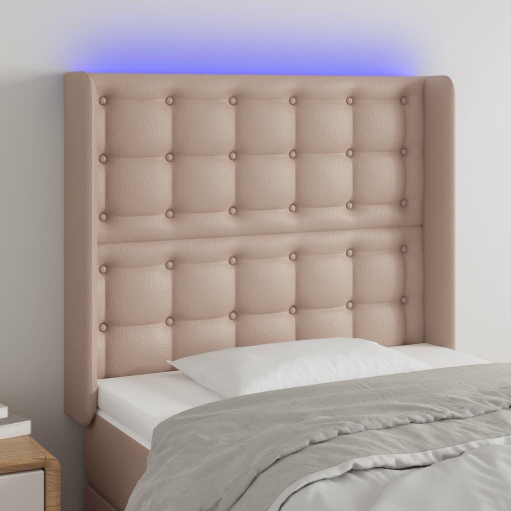 Sengegavl med LED-lys 93x16x118/128 cm kunstlæder cappuccino
