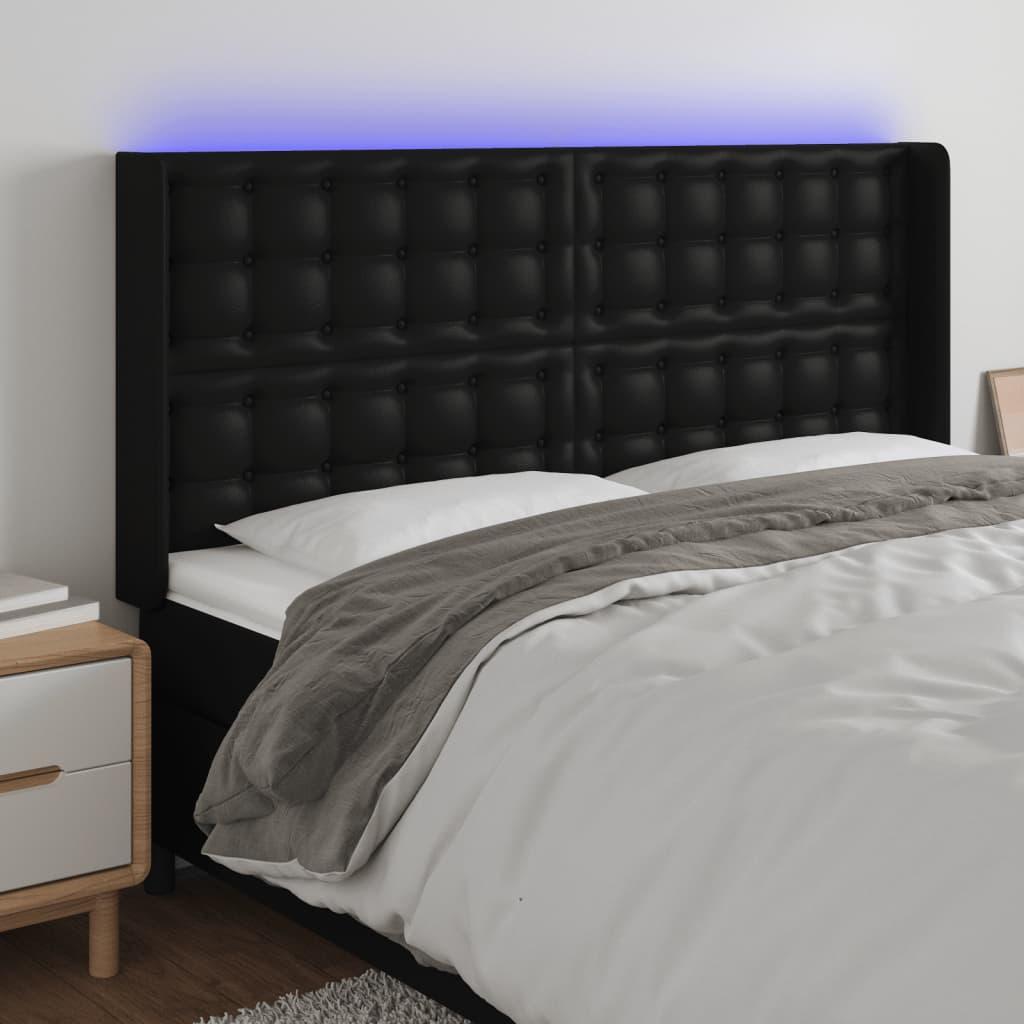 Sengegavl med LED-lys 147x16x118/128 cm kunstlæder sort billede