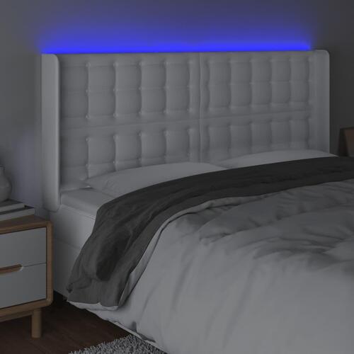 Sengegavl med LED-lys 147x16x118/128 cm kunstlæder hvid