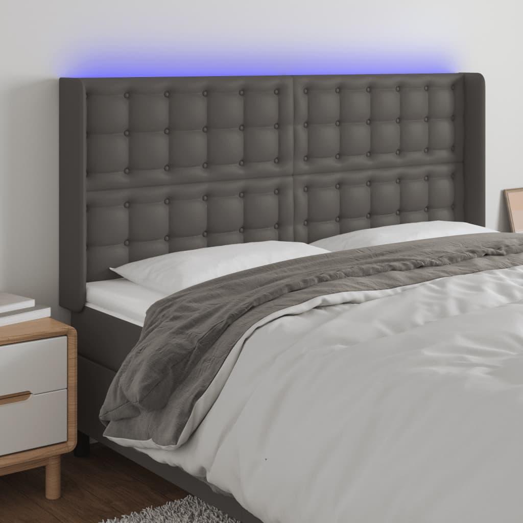 Sengegavl med LED-lys 147x16x118/128 cm - kunstlæder, grå billede