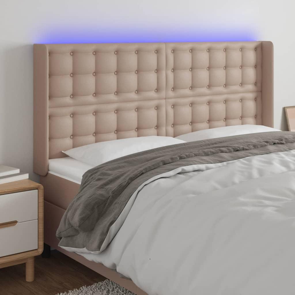Sengegavl med LED-lys 147x16x118/128 cm kunstlæder cappuccino