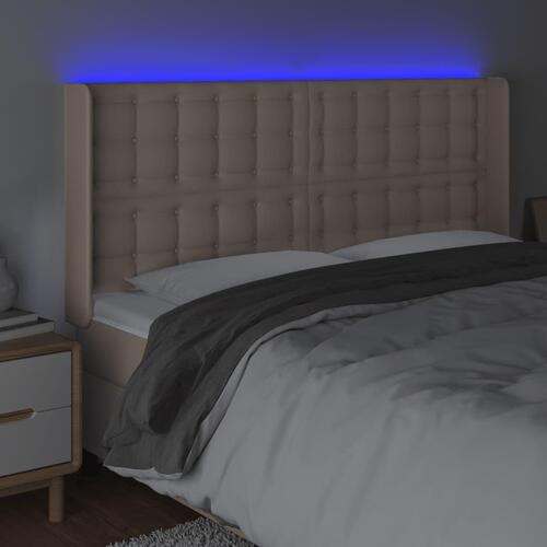 Sengegavl med LED-lys 147x16x118/128 cm kunstlæder cappuccino