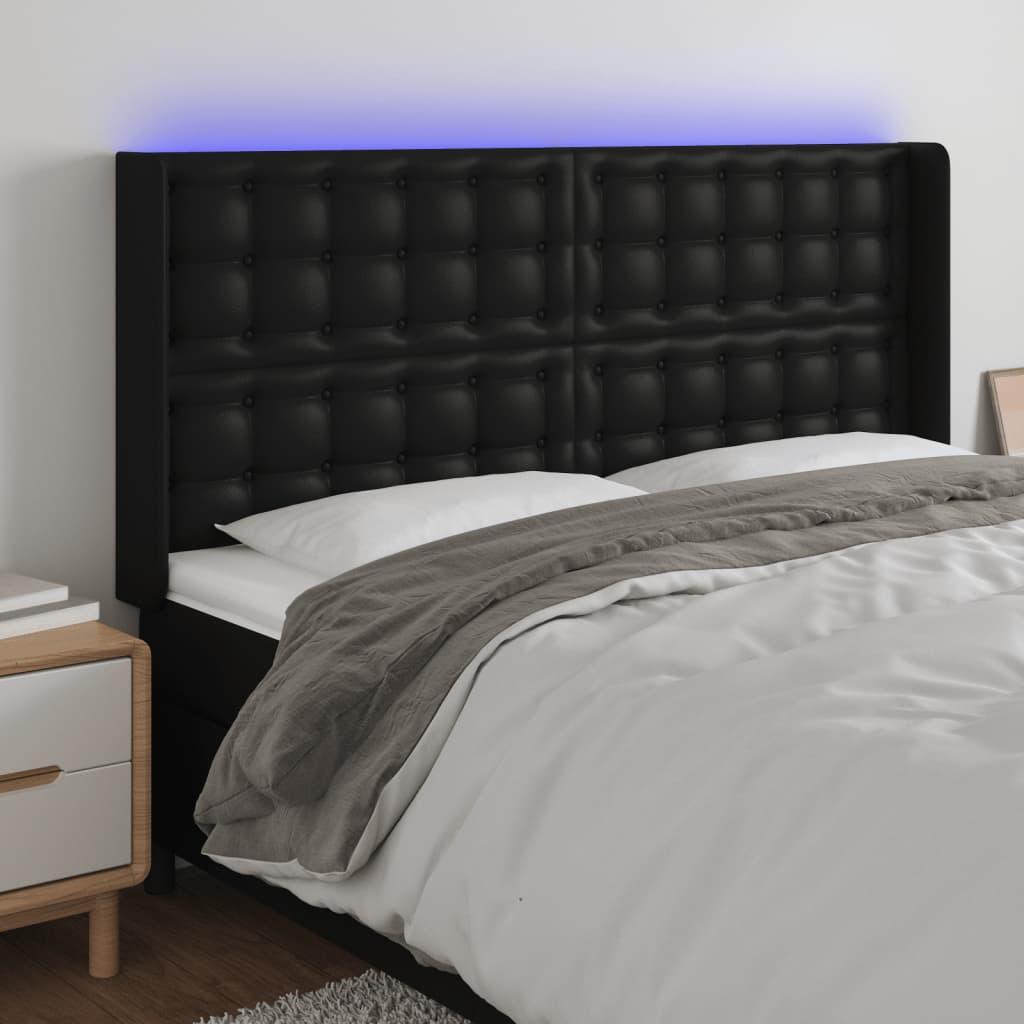 Sengegavl med LED-lys 163x16x118/128 cm kunstlæder sort