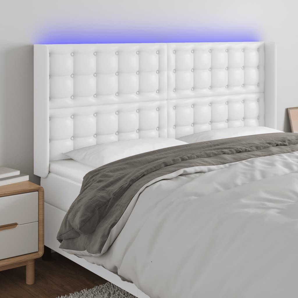 Sengegavl med LED-lys 163x16x118/128 cm kunstlæder hvid