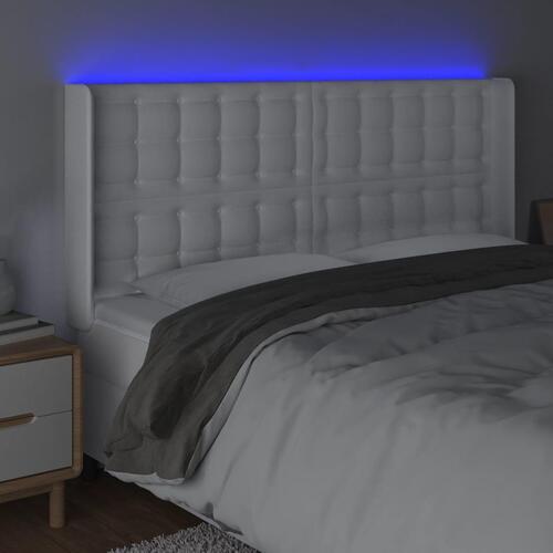 Sengegavl med LED-lys 203x16x118/128 cm kunstlæder hvid