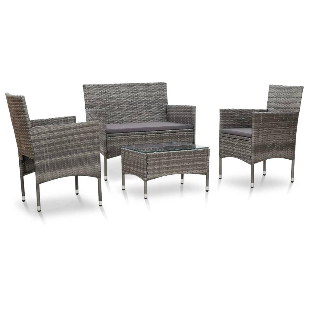 Haveloungesæt 4 dele med hynder polyrattan grå