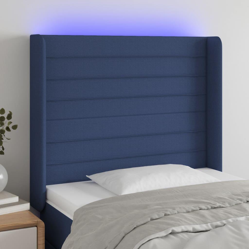 Sengegavl med LED-lys 93×16×118/128 cm - stof, blå billede