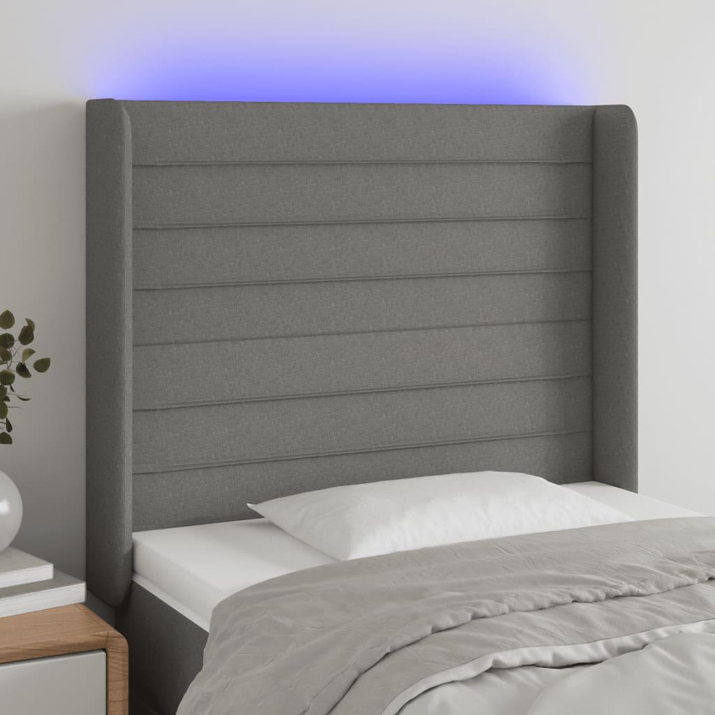 Sengegavl med LED-lys 103x16x118/128 cm stof mørkegrå billede