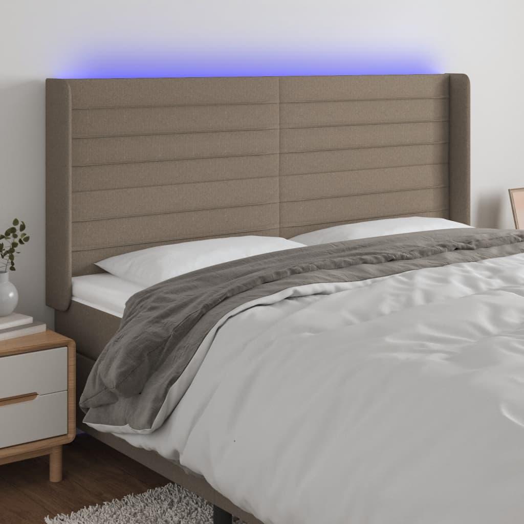 Sengegavl med LED-lys 203x16x118/128 cm - stof gråbrun billede