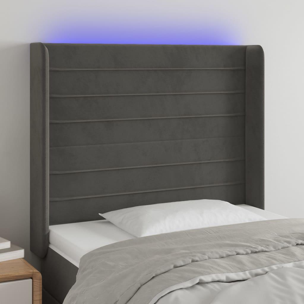 Sengegavl med LED-lys 103x16x118/128 cm fløjl mørkegrå billede