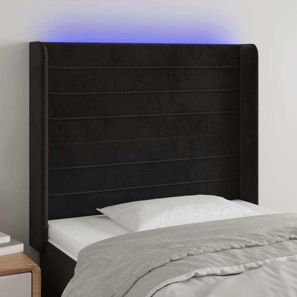 Sengegavl Med Led-Lys Fløjl - Sort / 103 x 16 x 118/128 cm