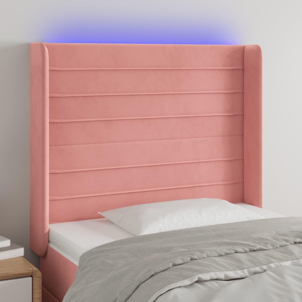 Sengegavl med LED-lys 103x16x118/128 cm fløjl lyserød billede