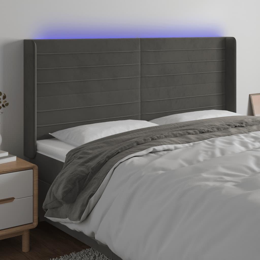 Sengegavl med LED-lys 163x16x118/128 cm - fløjl, mørkegrå billede