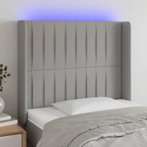 Sengegavl med LED-lys 93×16×118/128 cm - stof, lysegrå