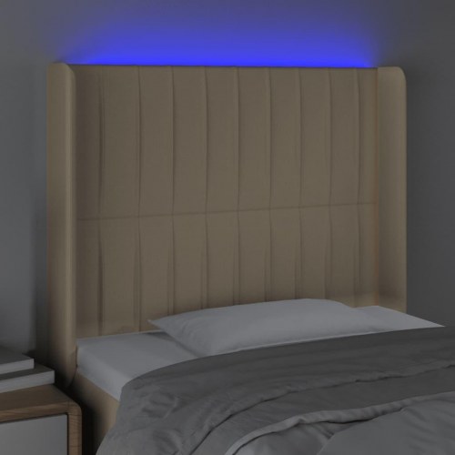 Sengegavl med LED-lys - stof, cremefarvet, 93×16×118/128 cm