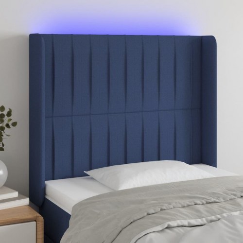 Sengegavl med LED-lys 93×16×118/128 cm - stof, blå