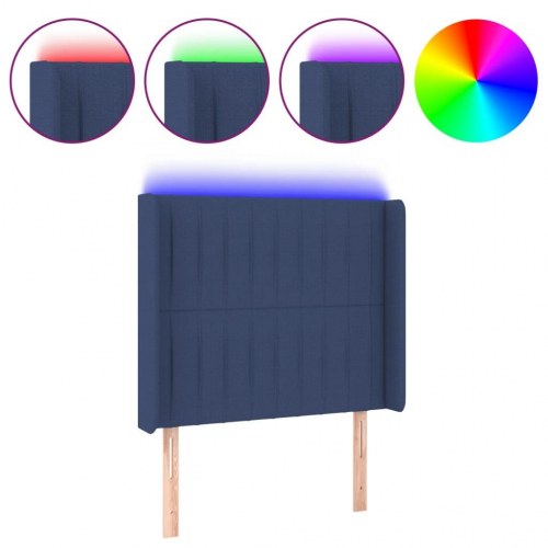 Sengegavl med LED-lys 93×16×118/128 cm - stof, blå