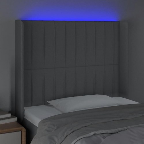 Sengegavl med LED-lys 103×16×118/128 cm - stof, lysegrå