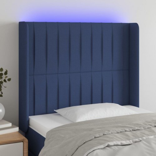 Sengegavl med LED-lys 103×16×118/128 cm - stof, blå